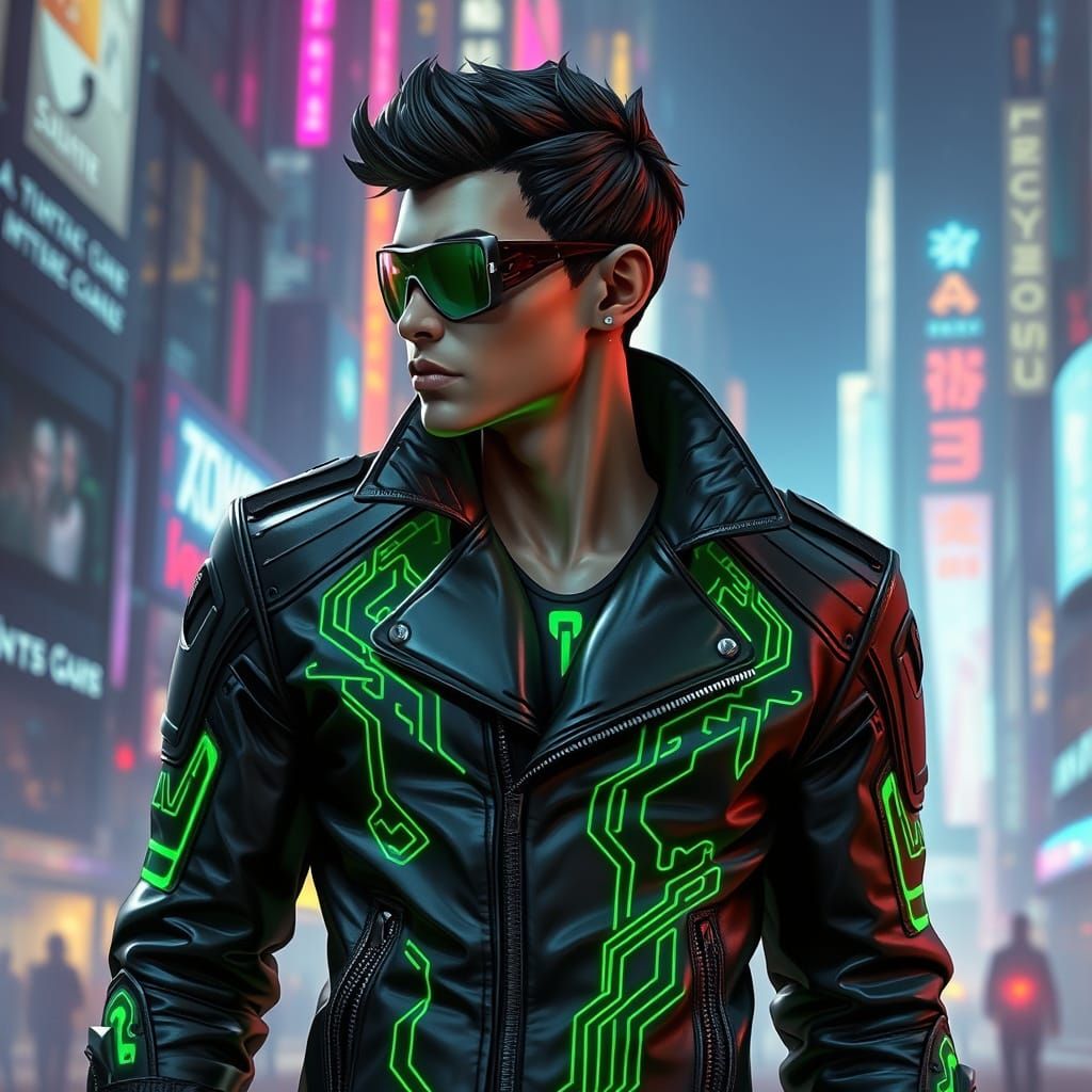 Futuristic Cyborg in Neon Cityscape, Cyberpunk Style