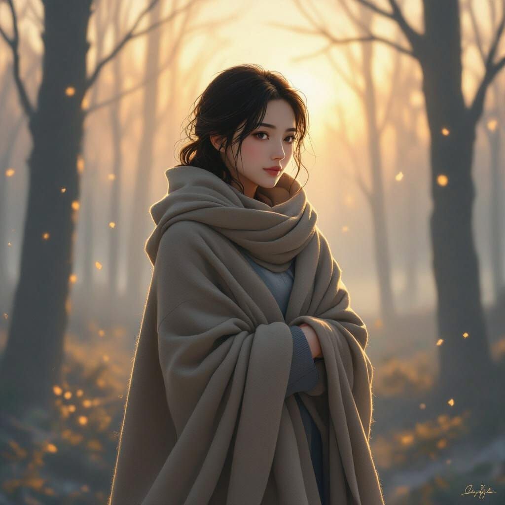 Misty Morning: Serene Woman in Anime Style