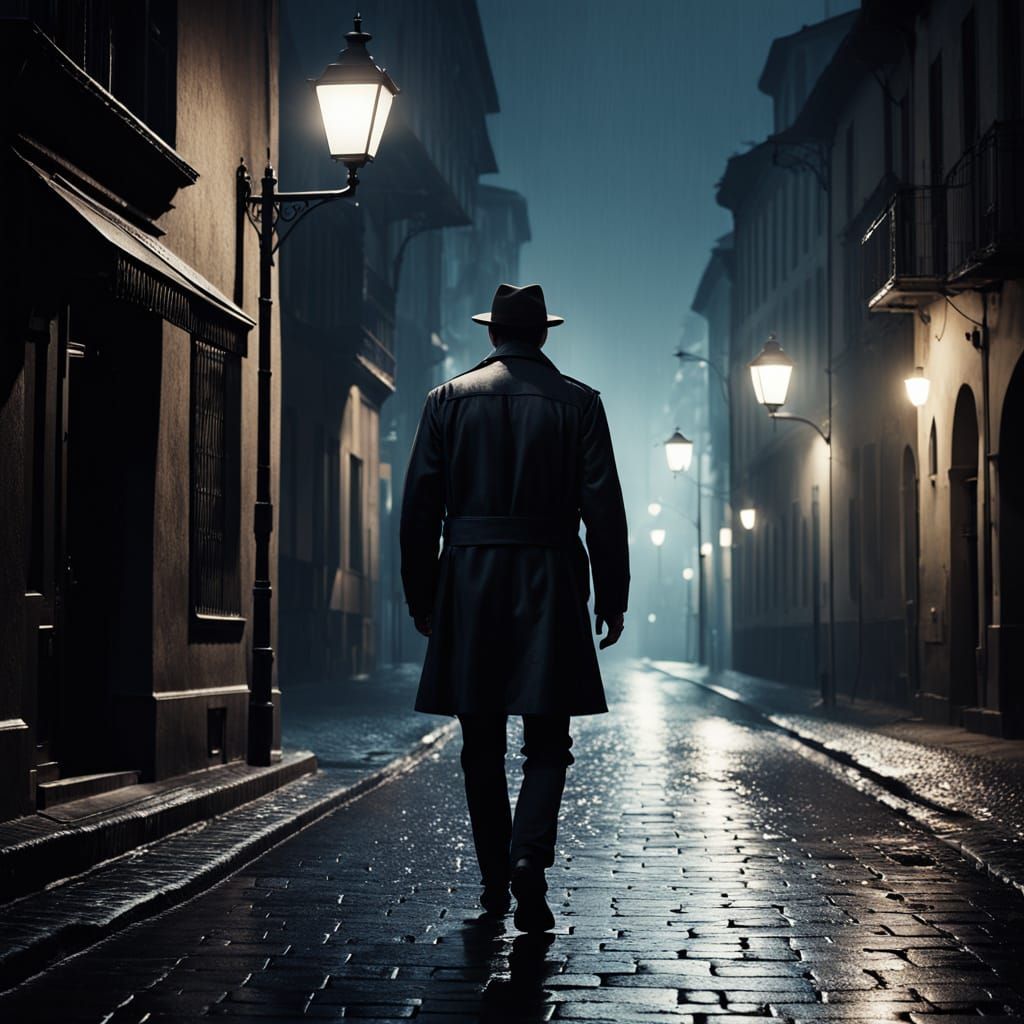 Noir Film Still: Man Walking in Old Town