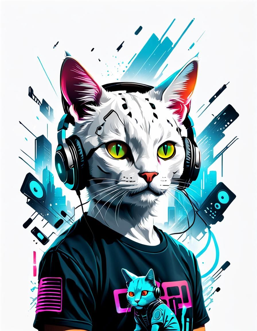 Cat with Cyberpunk Headphones T-Shirt Design