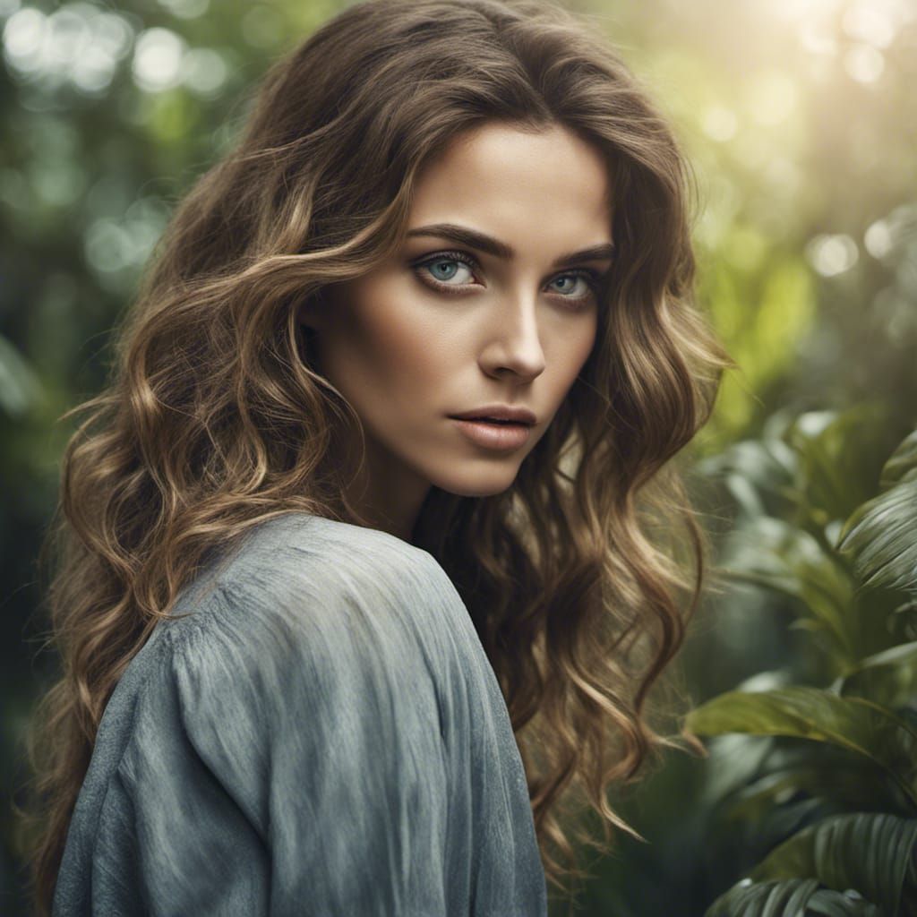 Brunette Woman in Jungle, Romanticism Style