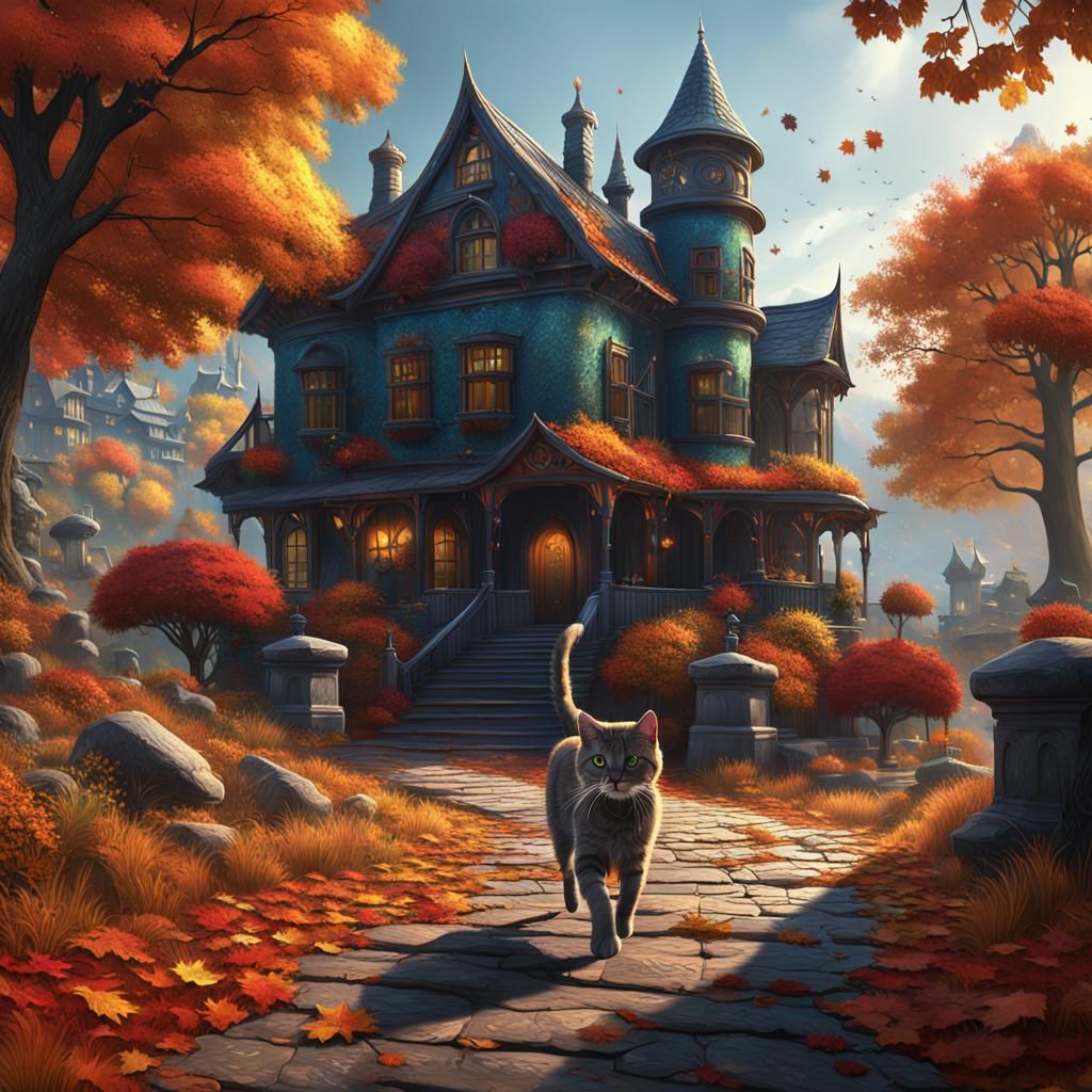 Cat Walking in Autumn: Fantasy Concept Art