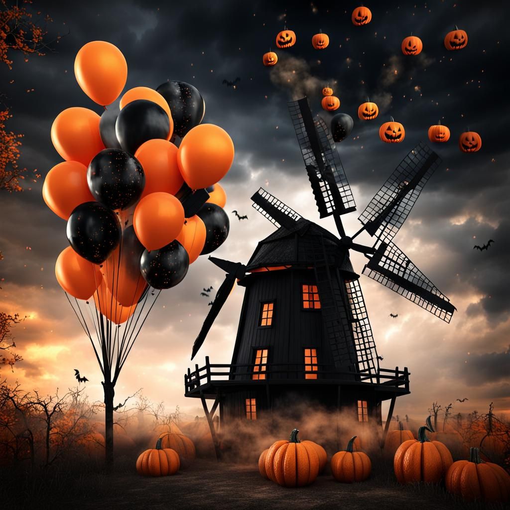Halloween Windmill with Fireworks in Chiaroscuro Style