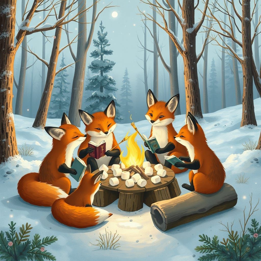 Fox Family Campfire Scene in Storybook Style