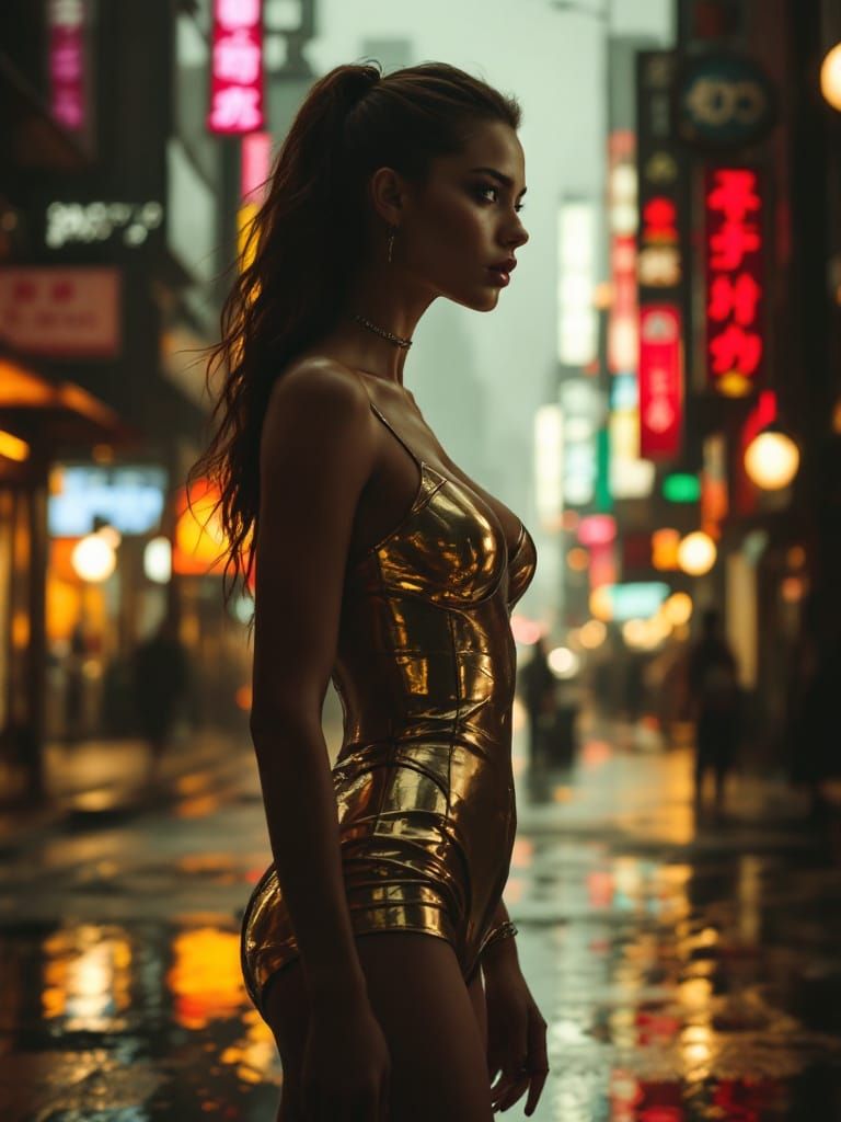 Futuristic Pin-Up Woman in Metallic Gold Dress, Cinematic Hy...