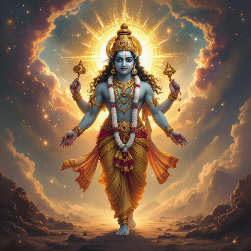 Divine Murugan with Six Faces in Cosmic Art Style