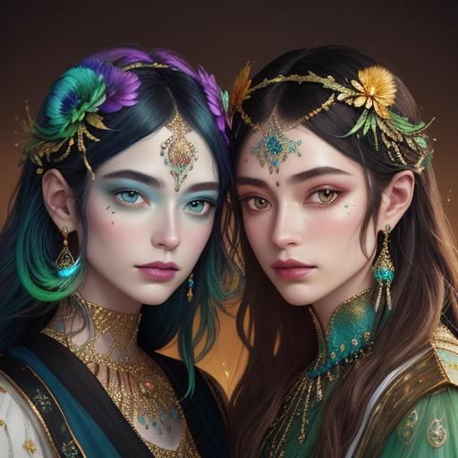 Surreal Women with Gold Skin in Cosmic Illustration