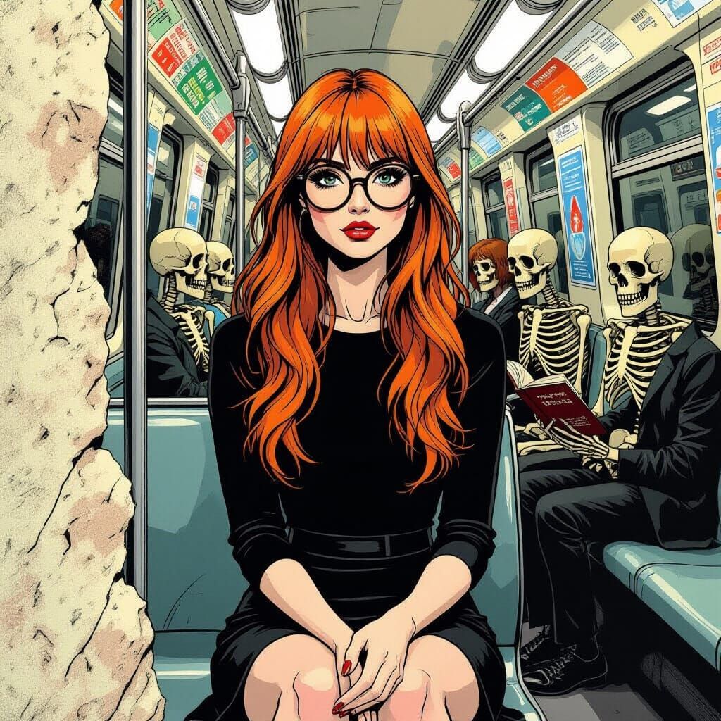 Woman and Skeletons in Subway, Stylized Illustration