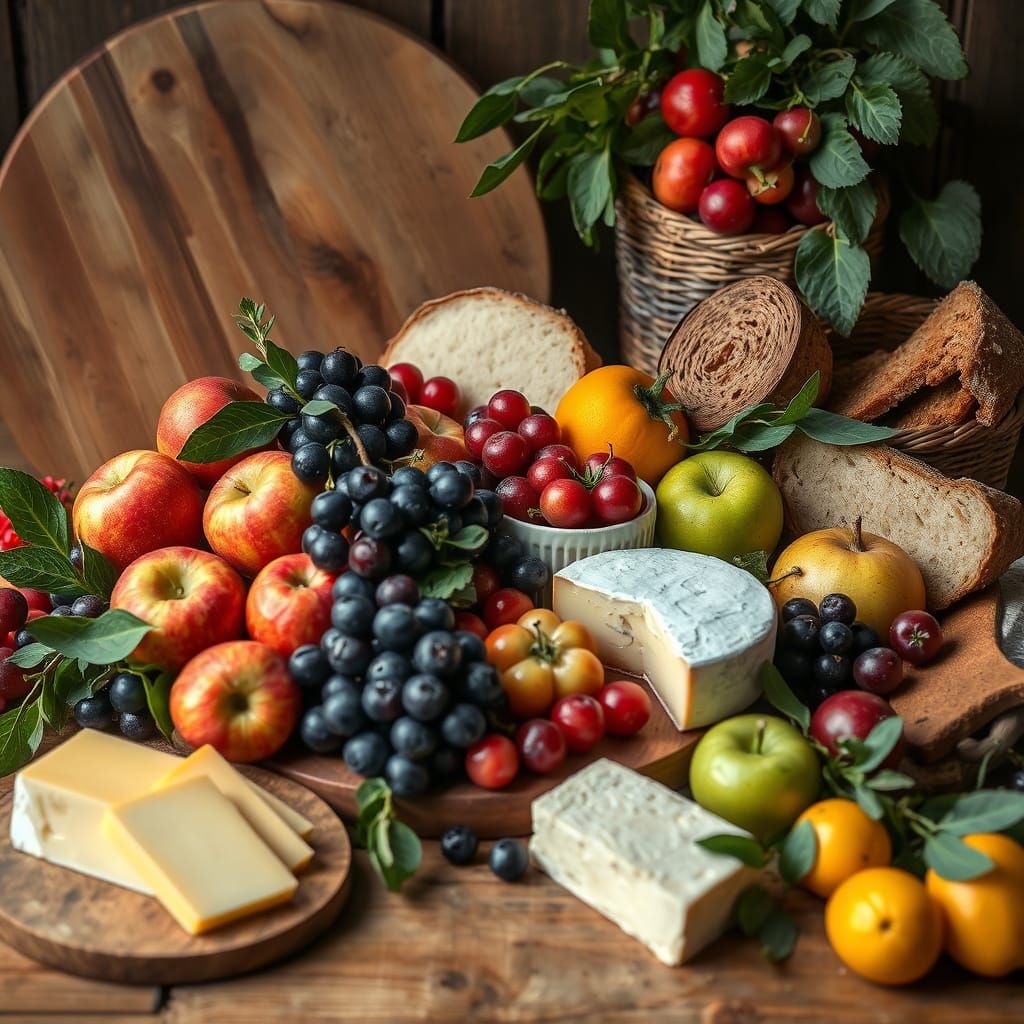 Vibrant Still Life of Fresh Fruits, Cheeses, and Breads in R...