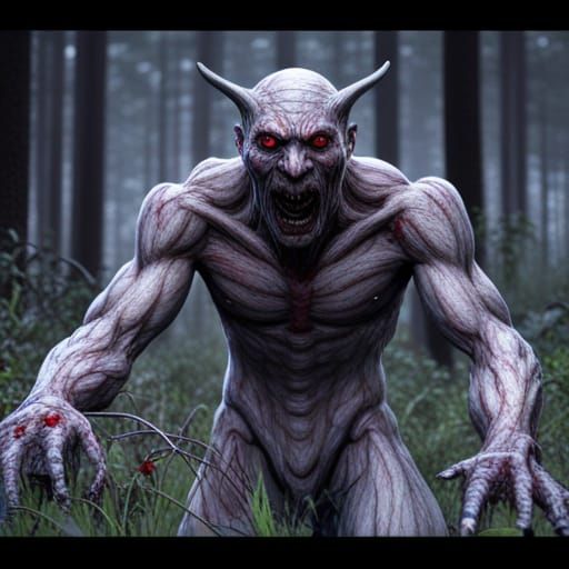 Frightening Red-Eyed Monster in Sinister Forest