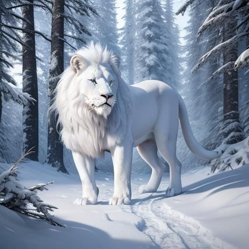 White Lion in Snowy Alaskan Forest