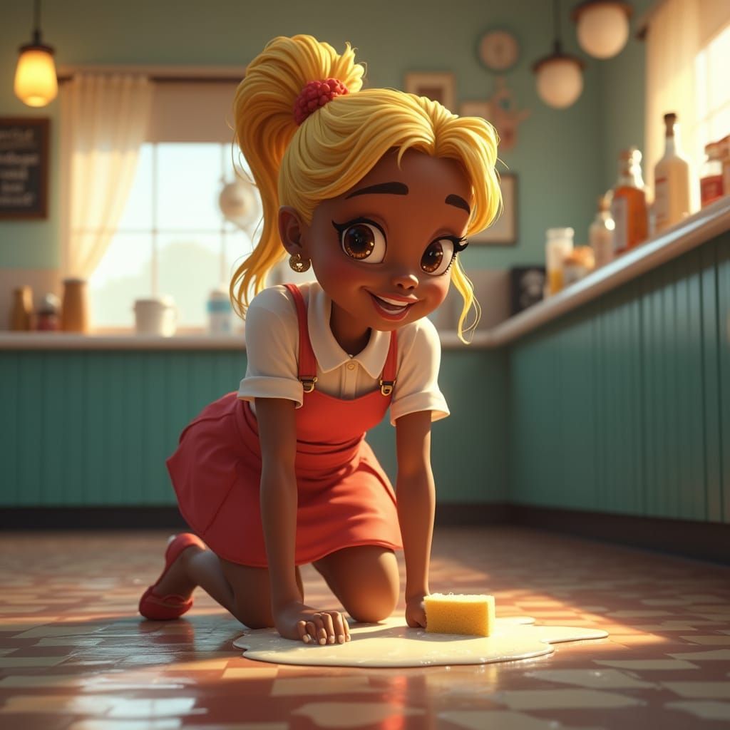 Black Woman Scrubbing Diner Floor in Pixar Style