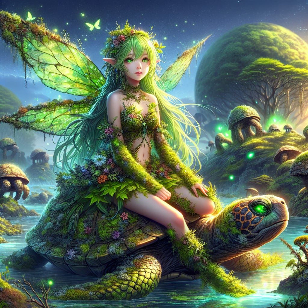 Mossy Anime Fairy on Turtle: Fantasy Concept Art