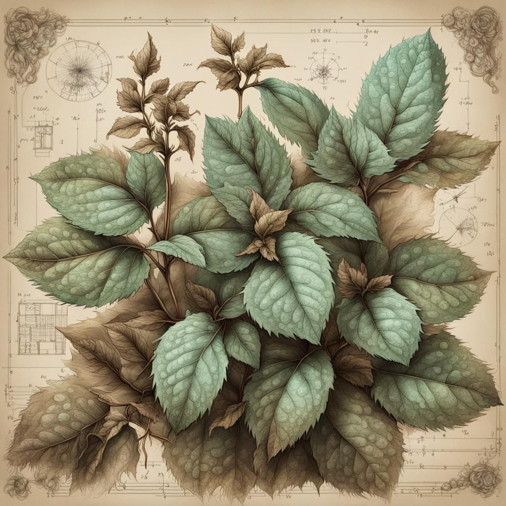 Detailed Sepia Botanical Illustration of Mint Leaves
