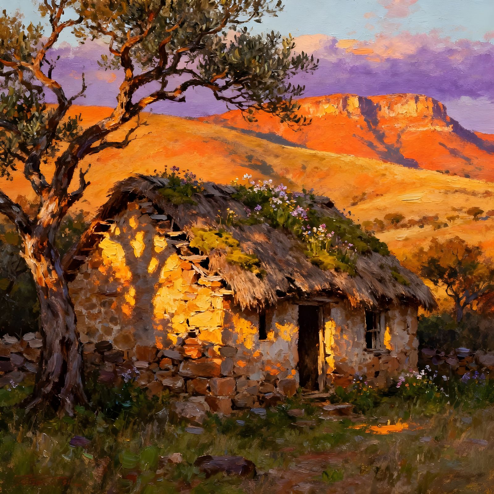 Abandoned Thatched Cottage in Magaliesberg Landscape Paintin...