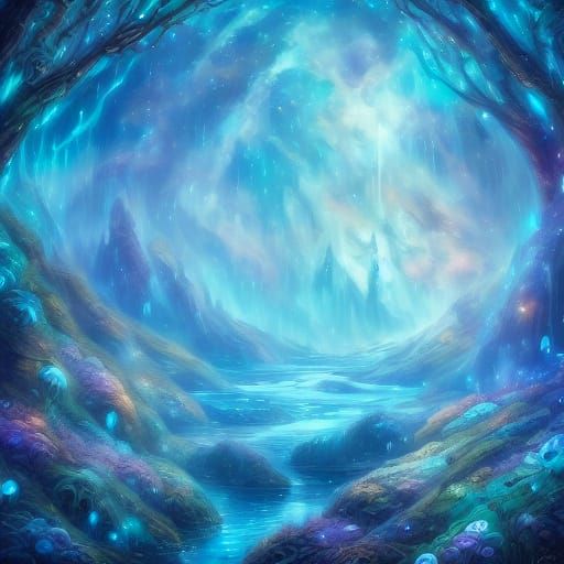 Ethereal Beings in Bioluminescent Energy Forest