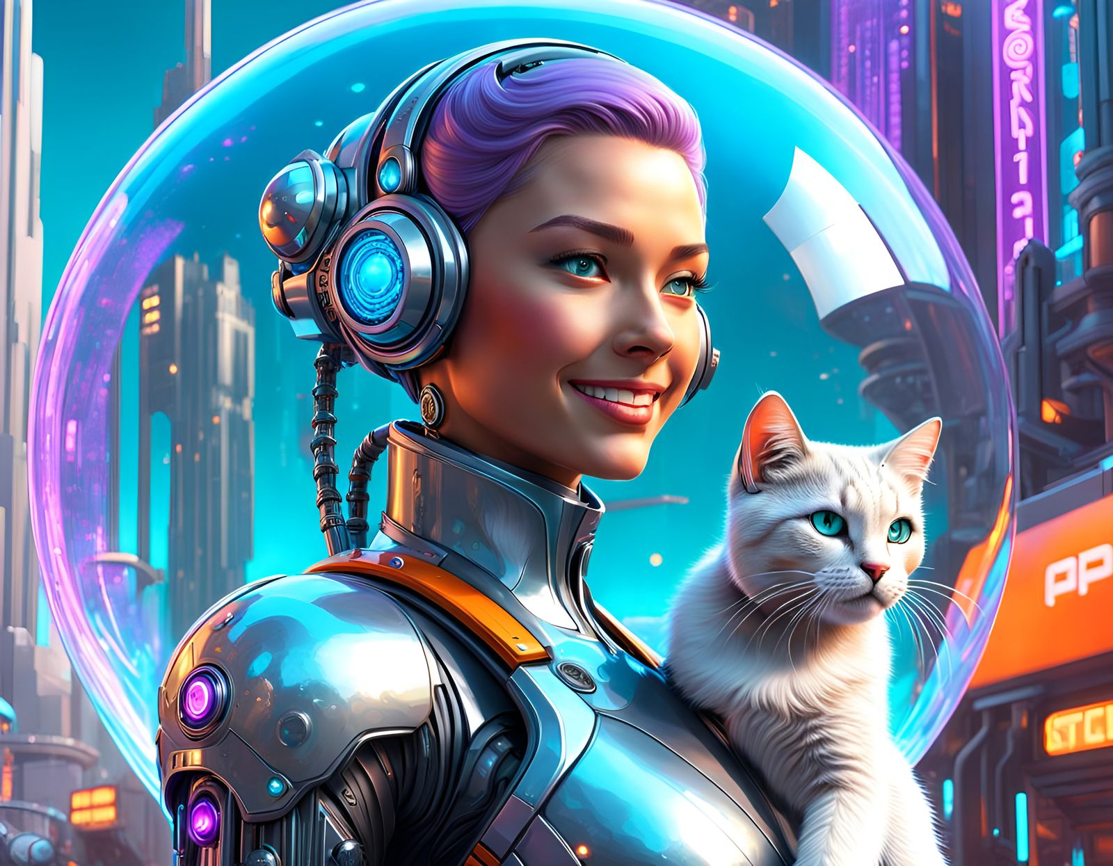 Cyborg Girl with Cat in Retro Sci-Fi City