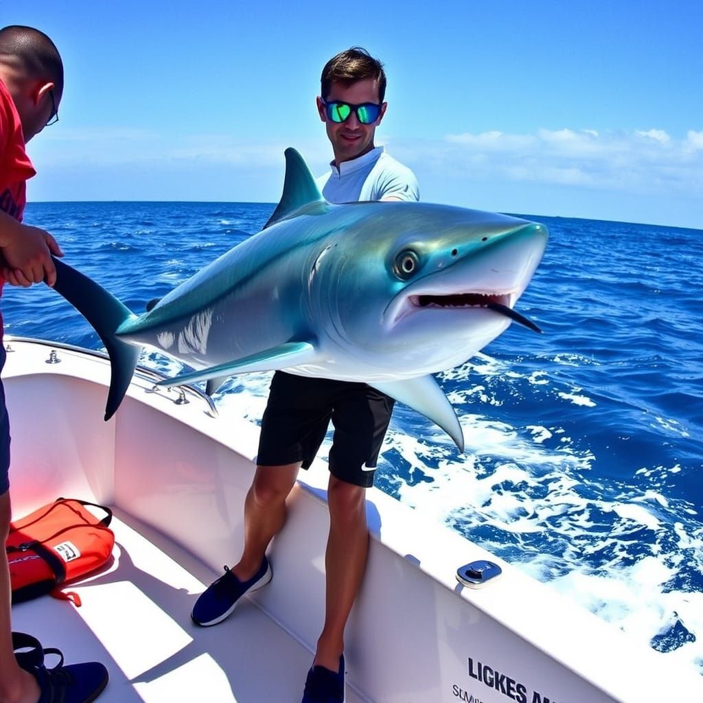 Blue Shark with Blue Nikes on the Sea