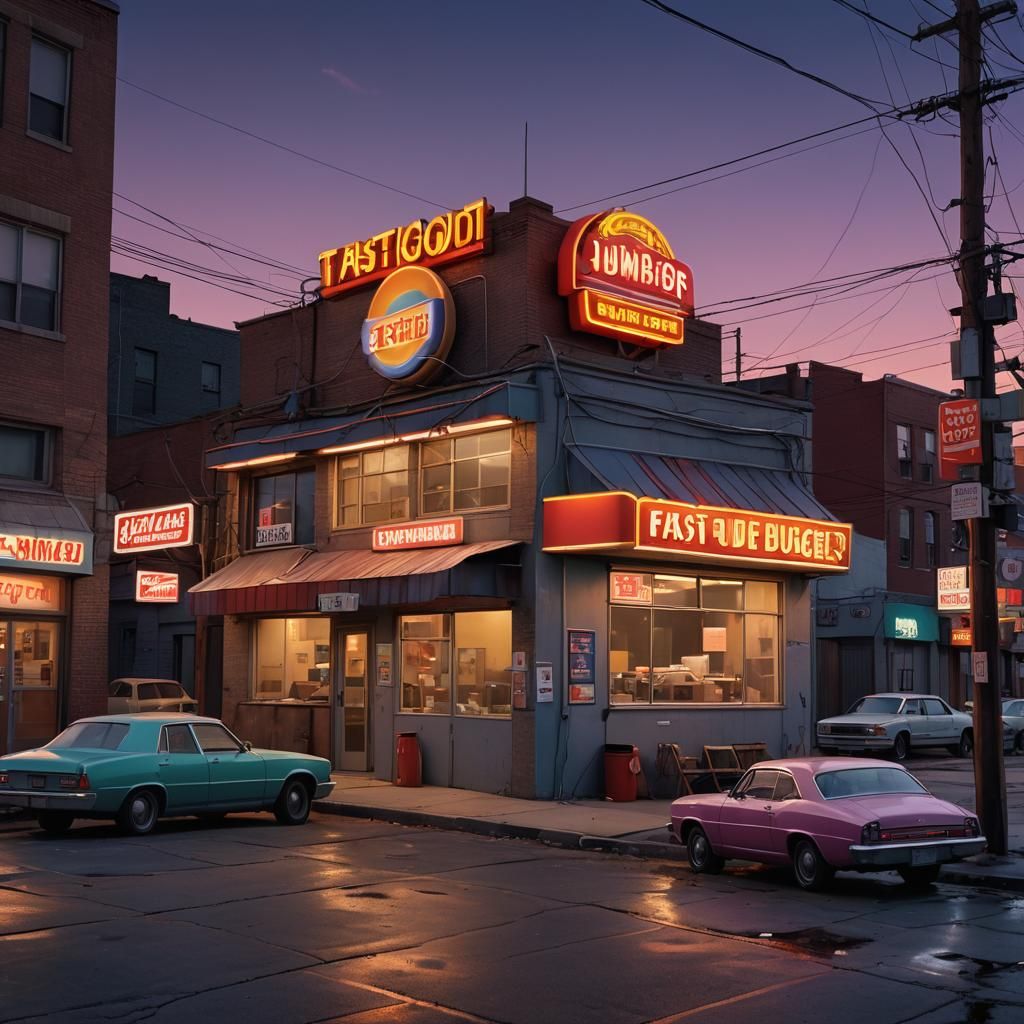 Twilight Fast Food Restaurant with Neon Sign