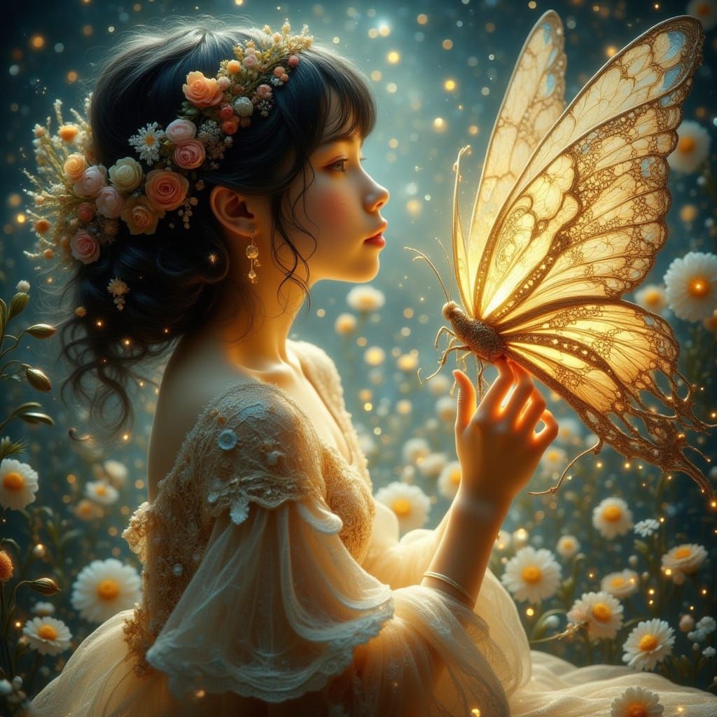 Ethereal Woman Gazes at Glowing Butterfly