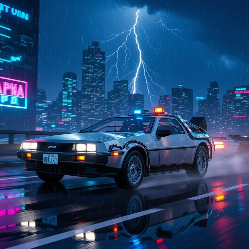 DeLorean Races Through Neon City in Cyberpunk Style