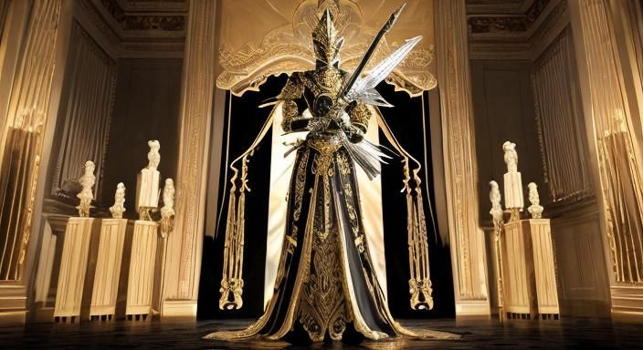 Golden Knight with Wings in Grand Hallway