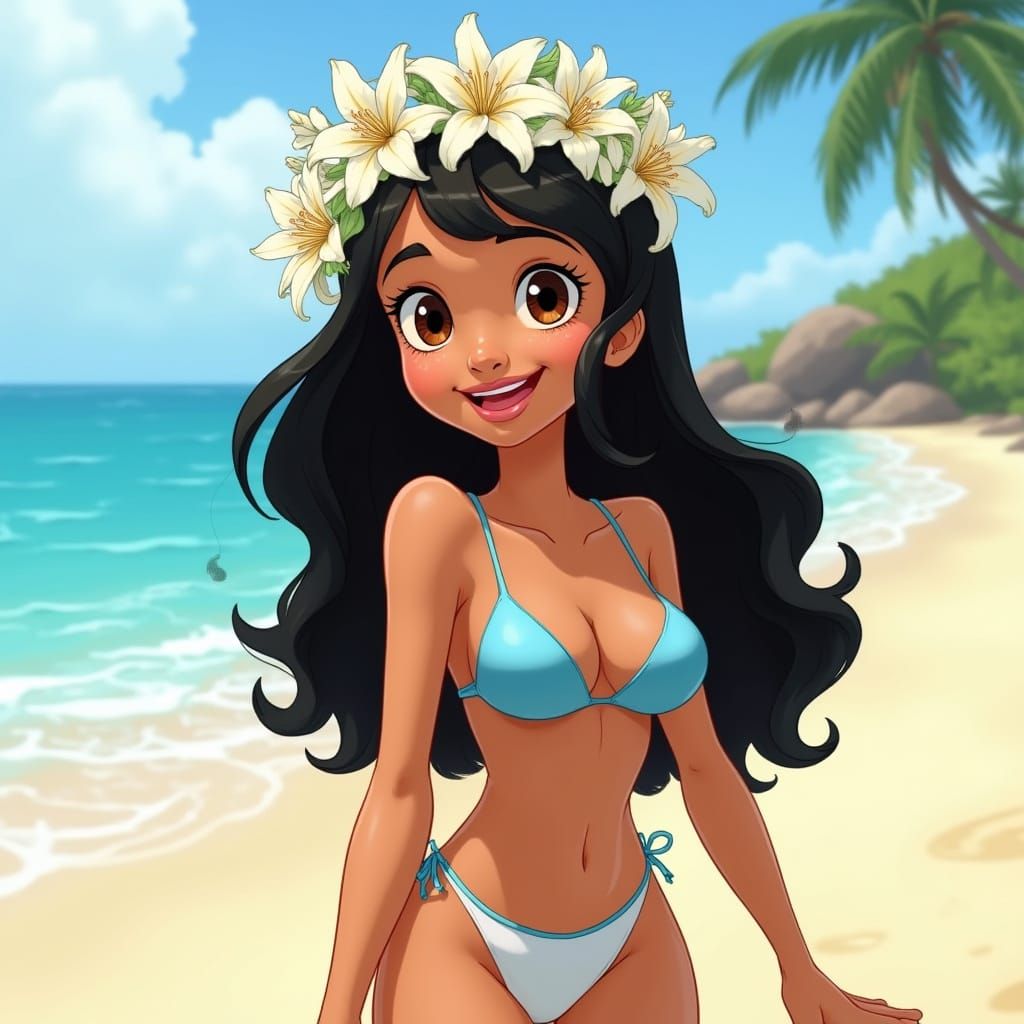 Young Woman Sunbathing in Classic Animation Style