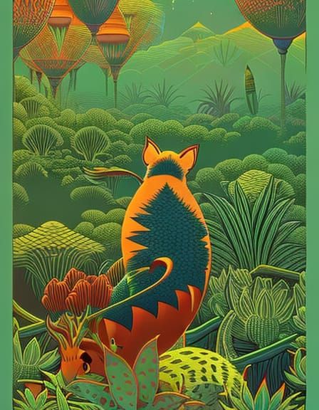 "cactus cat" Manipogo Chupacabra mysterious Eerie Legend
::Artstation, by Lisa Frank, by Victto Ngai,
:: Cottagecore, C...