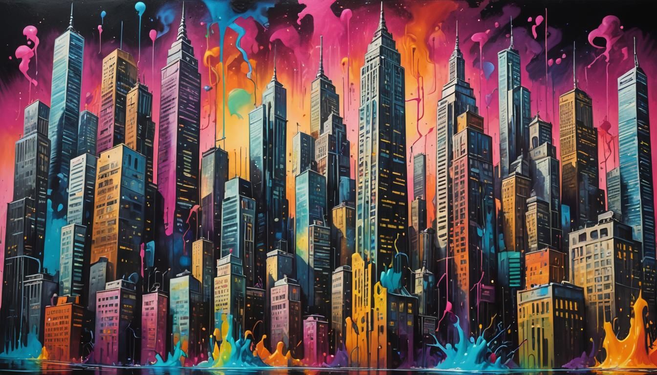 Graffiti Skyscrapers in a Surrealist Synthwave Style