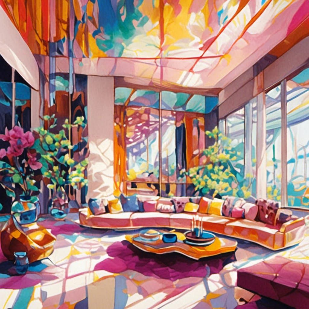 Modern Abstract Living Room in Gouache Style