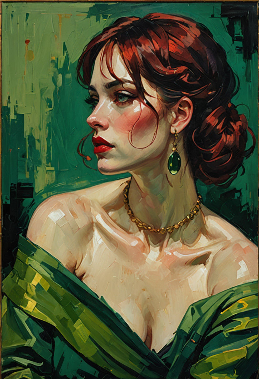 Woman in Elegant Emerald Green Dress in Luxurious Boudoir