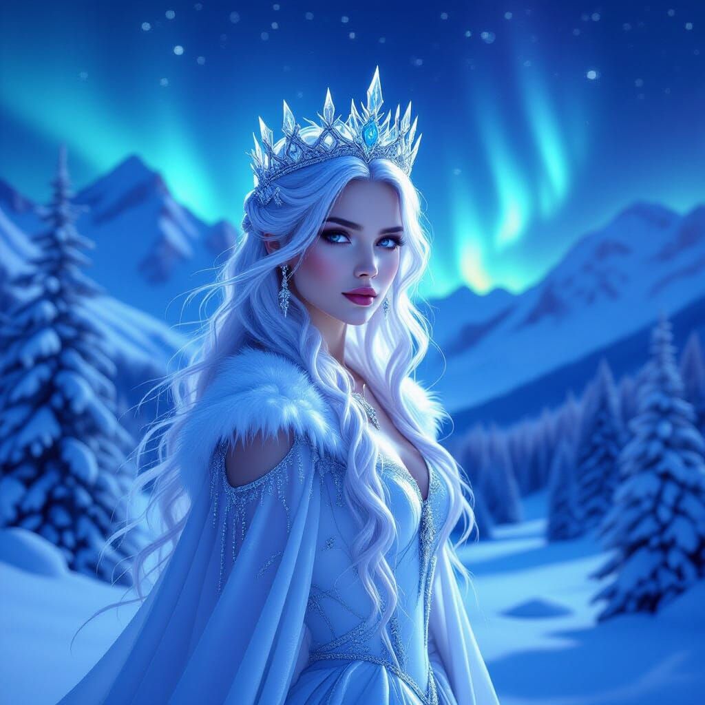 Regal Ice Queen in Ethereal Winter Landscape