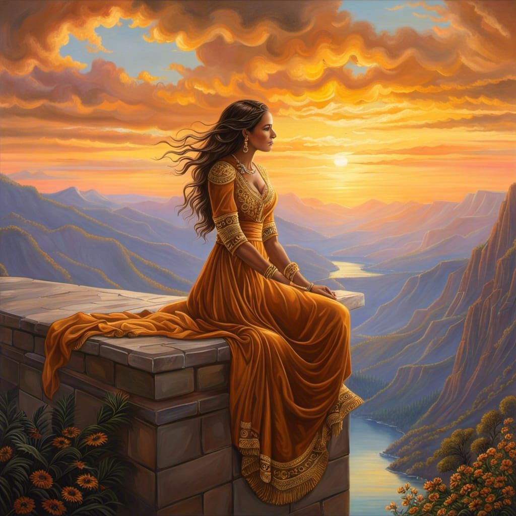Woman on Ledge at Sunset: Fantasy Digital Art