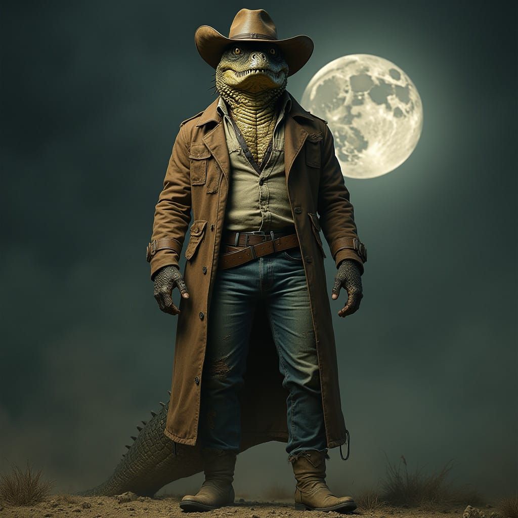Gritty Cowboy Crocodile Hybrid Stands Tall Against the Moonl...