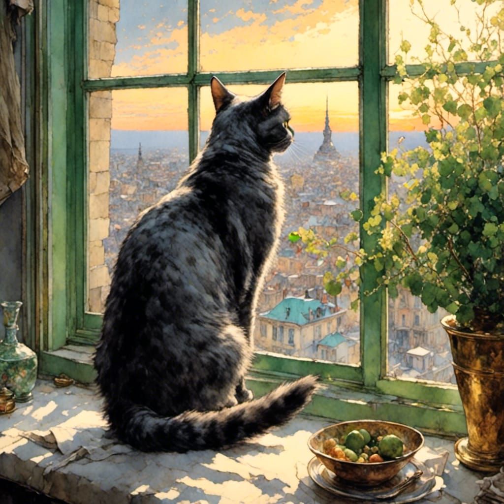 Grey Cat Watches Sunrise from Apartment Window