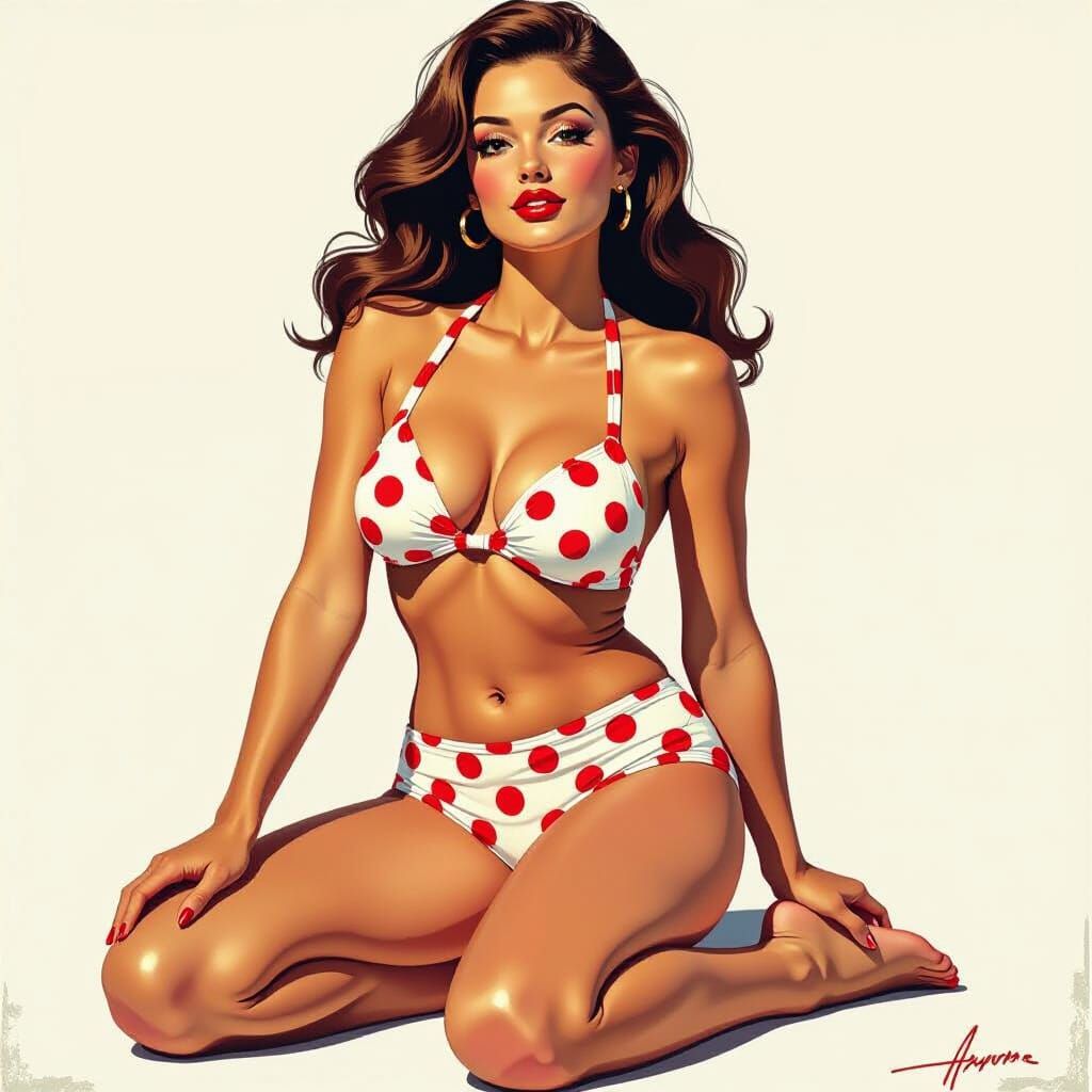 Pin-Up Girl in Polka Dot Bikini, Matisse Inspired Digital Ar...