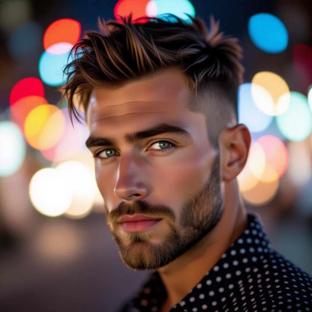 Intense Blue Eyes, Man with Blond-Tipped Hair, Bokeh Lights