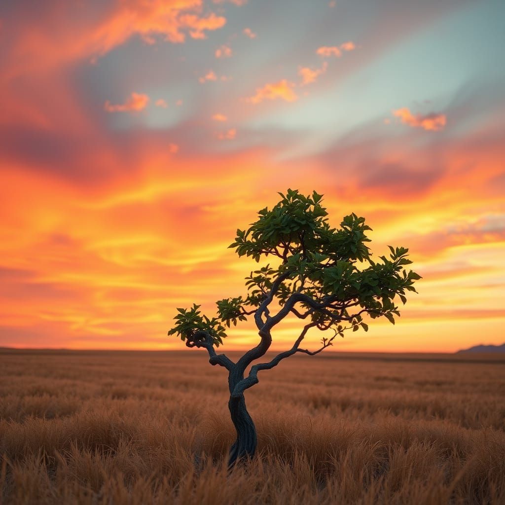 Lone Tree in Golden Field at Sunset