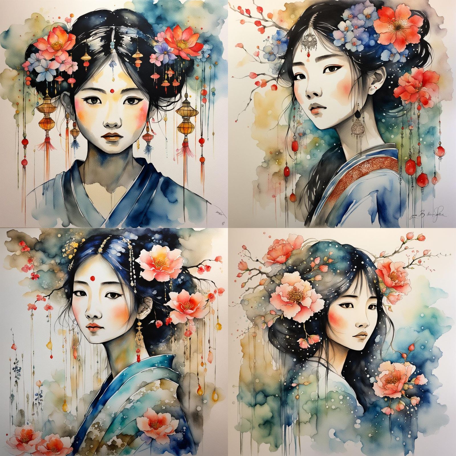 Asian Girl with Flowers, Watercolor Style