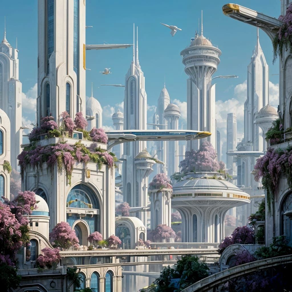 Utopian Cityscape in Detailed Oil Painting Style