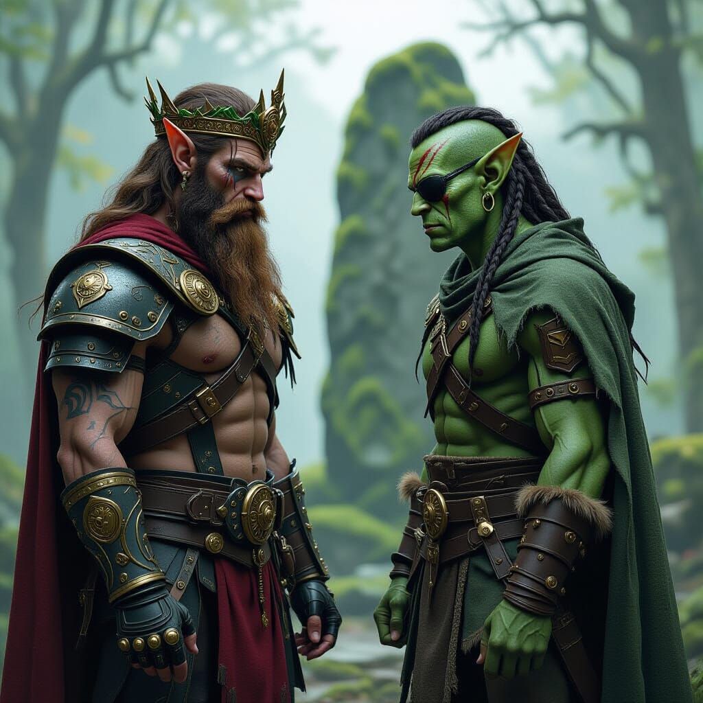 Elf and Goblin Standoff Before a Menhir
