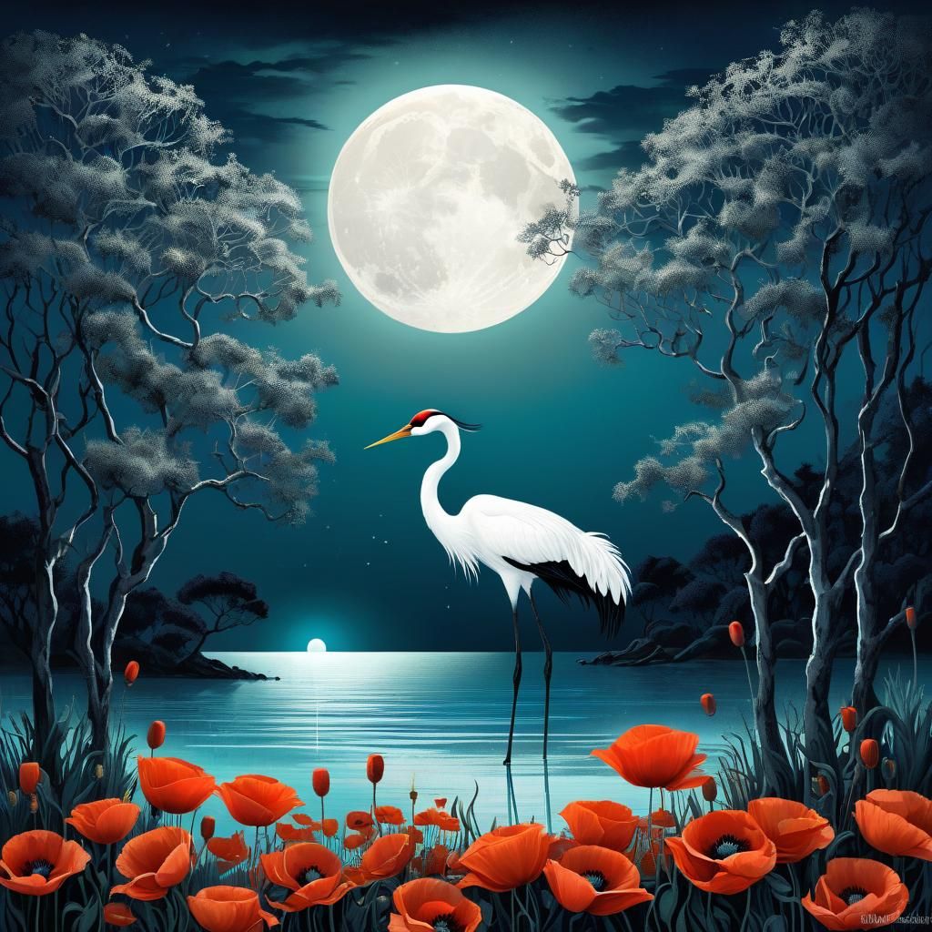 Dreamlike Crane Digital Painting with Poppies