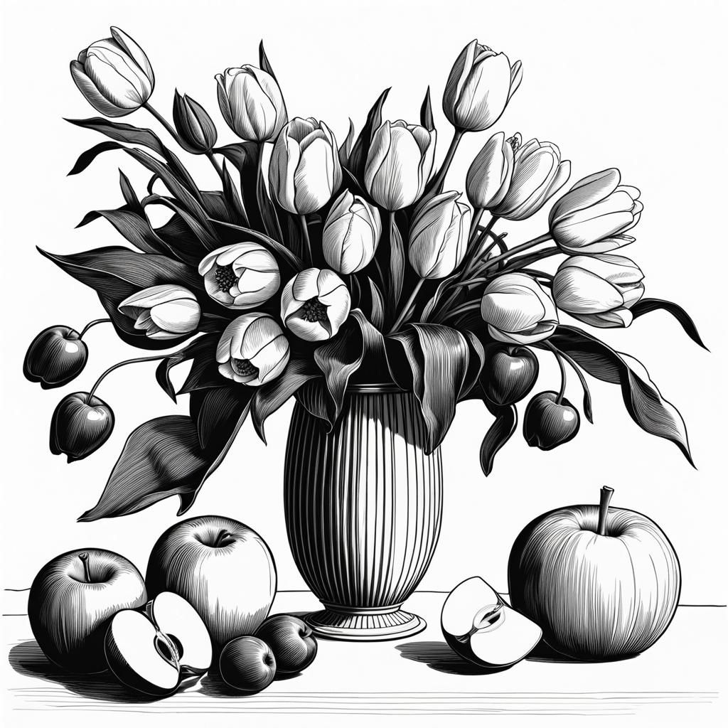 Monochrome Still Life: Tulips, Roses, and Fruit