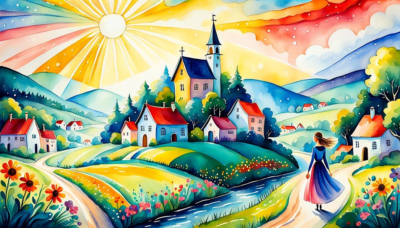 Whimsical Naive Village with Lady in Watercolor
