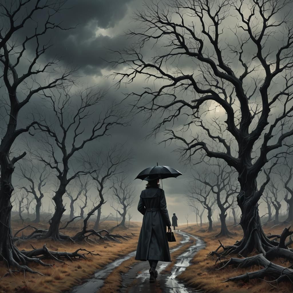 Ominous Autumn Landscape with Woman in Atmospheric Art