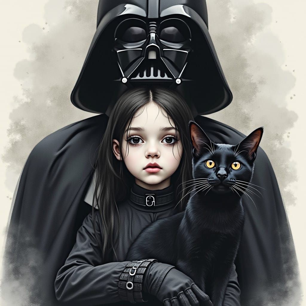 Surreal Gothic Watercolor Portrait of Girl with Black Cat an...