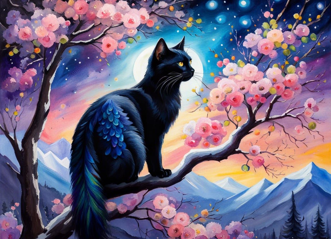 Black Cat with Peacock Tail in Watercolor