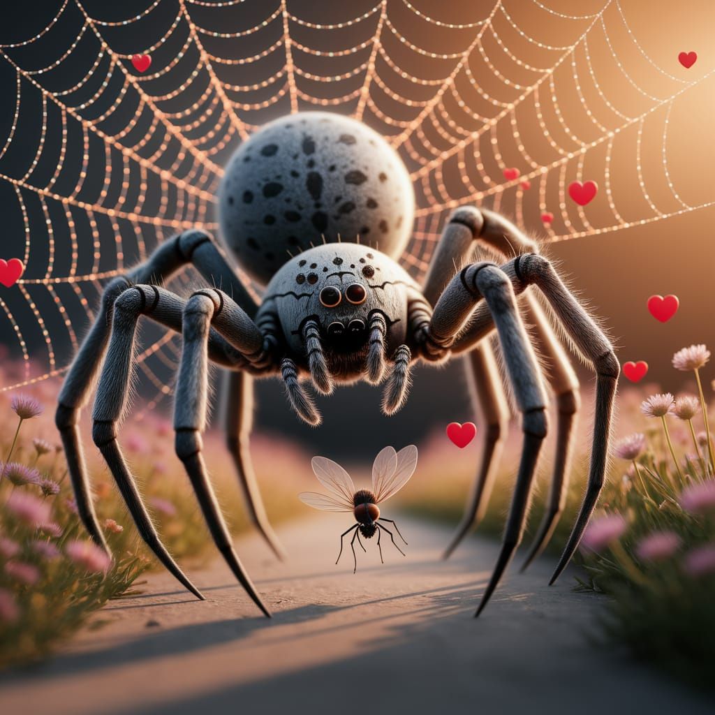 Giant Spider and Tiny Fly in Golden Light
