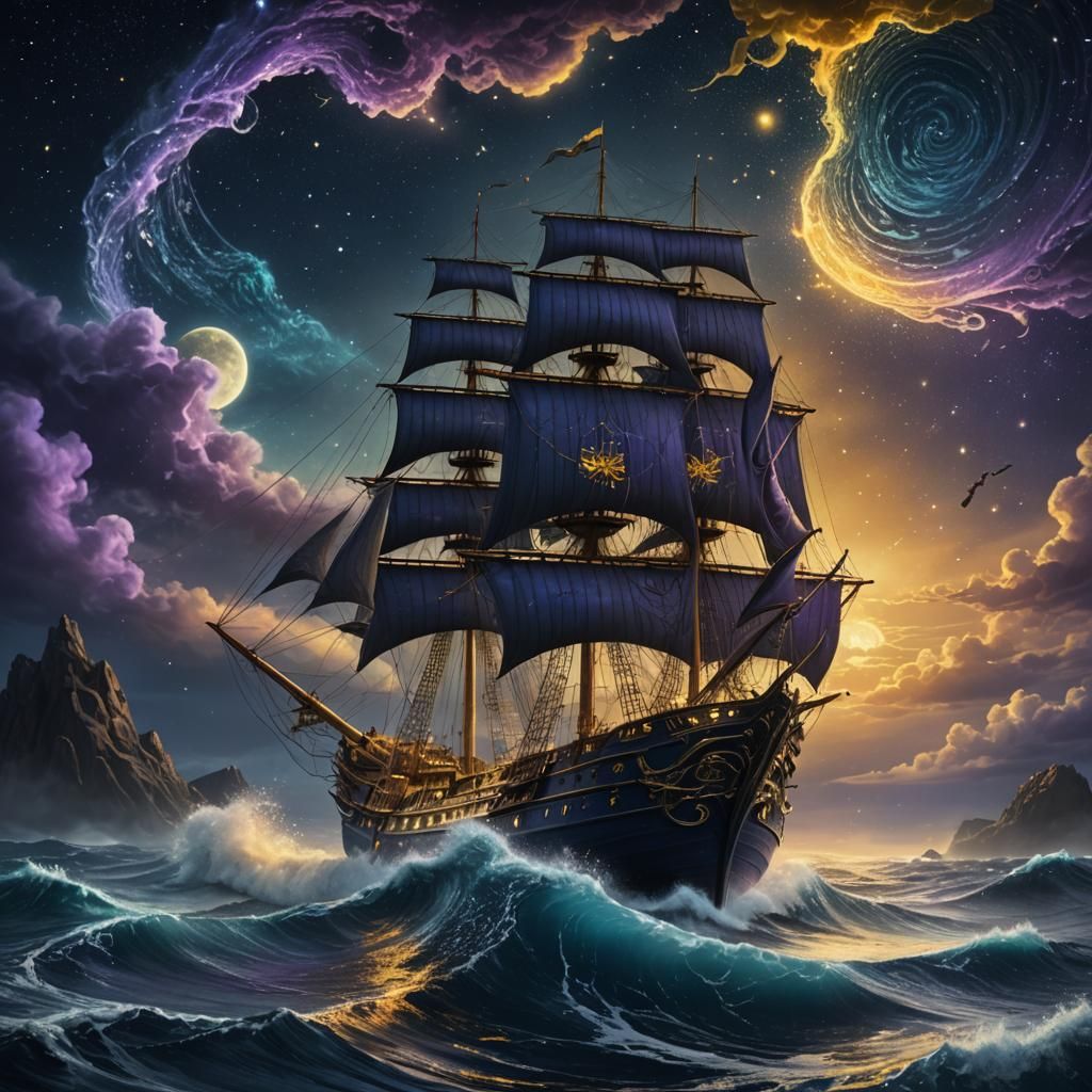 Majestic Magic Ship Sails Starry Sea