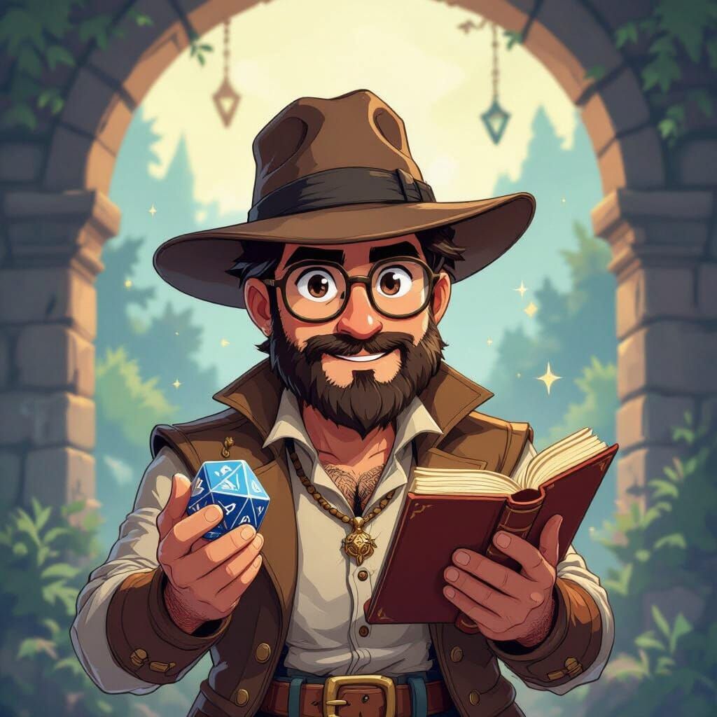 Manga-Style Dungeon Master with D20 Dice